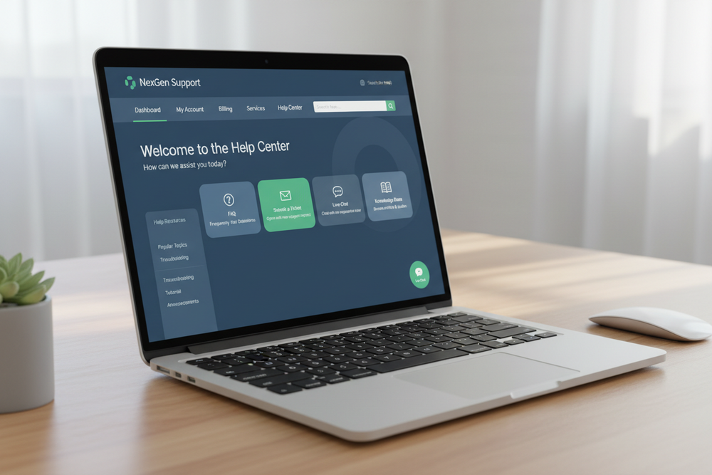 A laptop screenshowing a customer portal with some help options